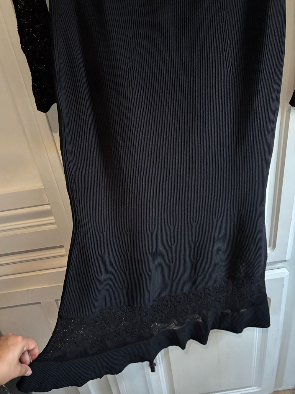 Alexander McQueen Black Ribbed Long Sleeve Dress with Lace Hem